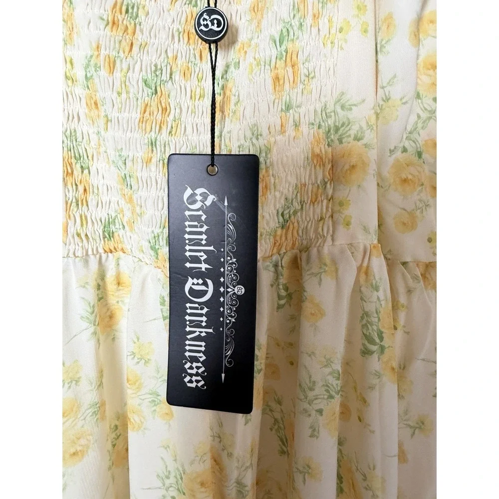 Scarlet Darkness Yellow Floral Cottagecore Midi Dress Sweetheart NWT Size S